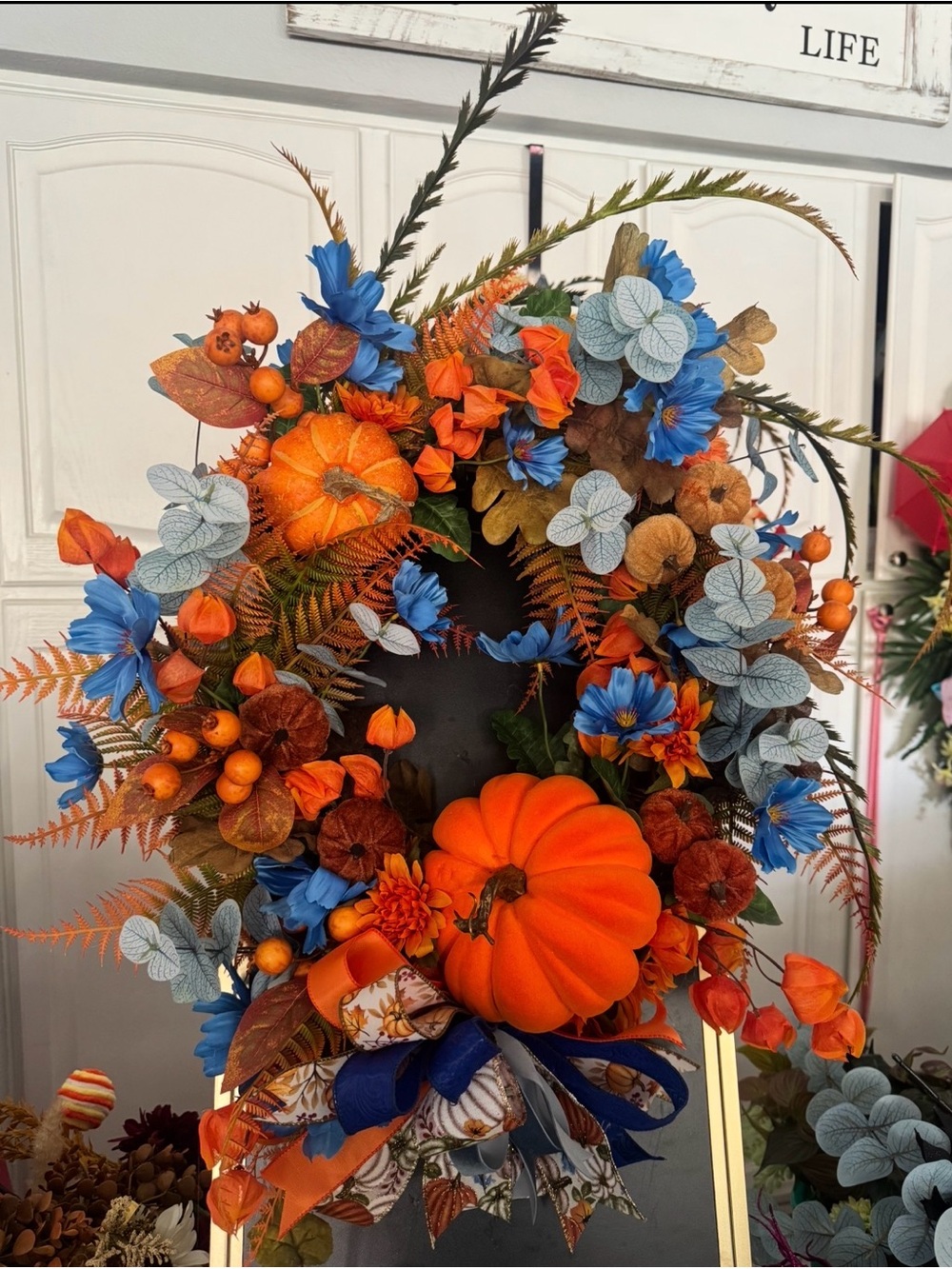Blue & Orange Fall Wreath with Faux Pumpkins by